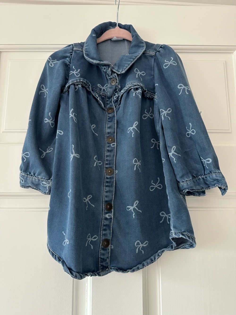 Blue Denim Bow Print Button-Down Dress